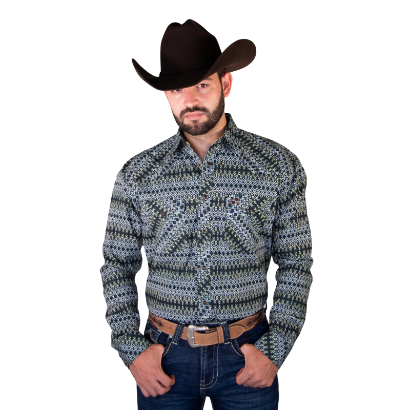 Camisa Vaquera Caballero Flechas Aztecas Verde