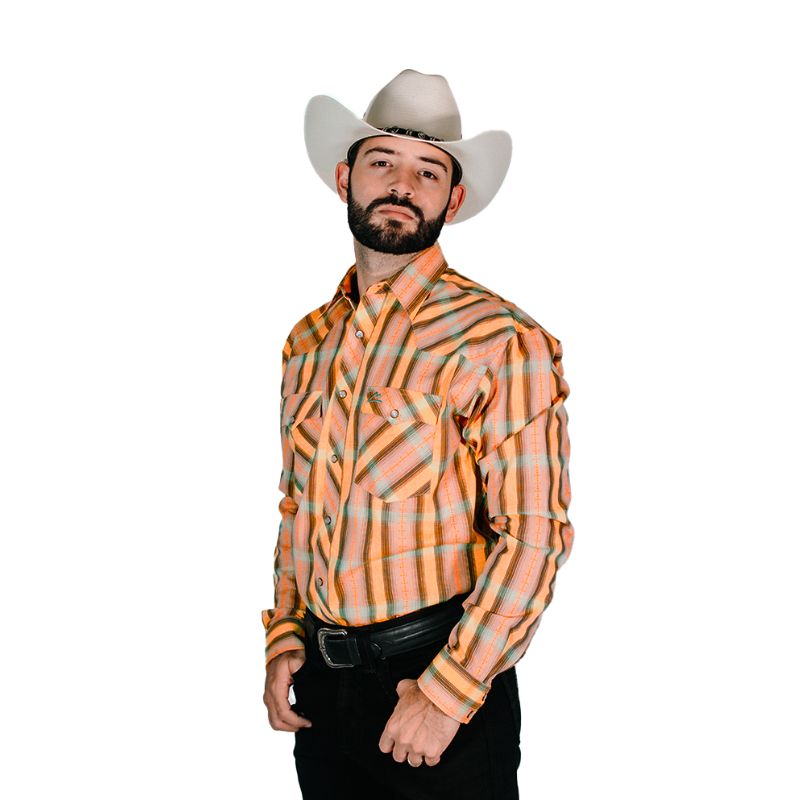 Camisa Vaquera Preteñido Cuadros Naranja