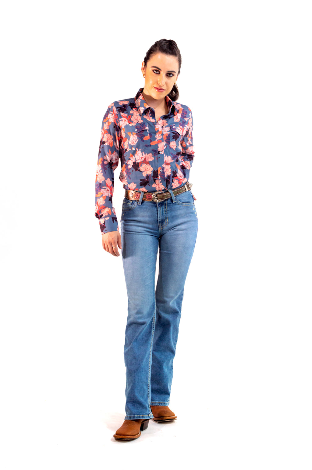 Camisa Vaquera Premium Celeste Flores Blanco y Marino CM104