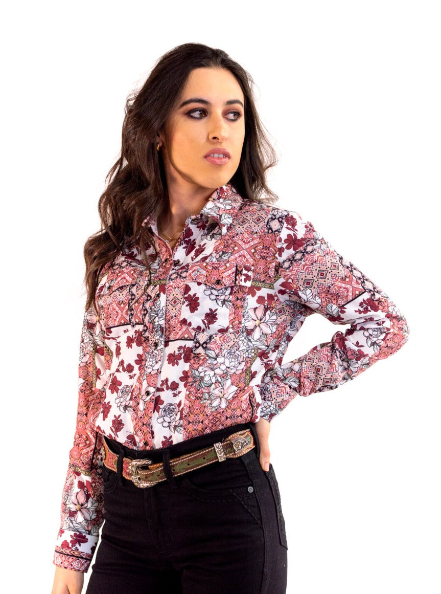 Camisa Vaquera Premium Étnico Flores Guindo